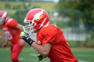 Football player in red jersey